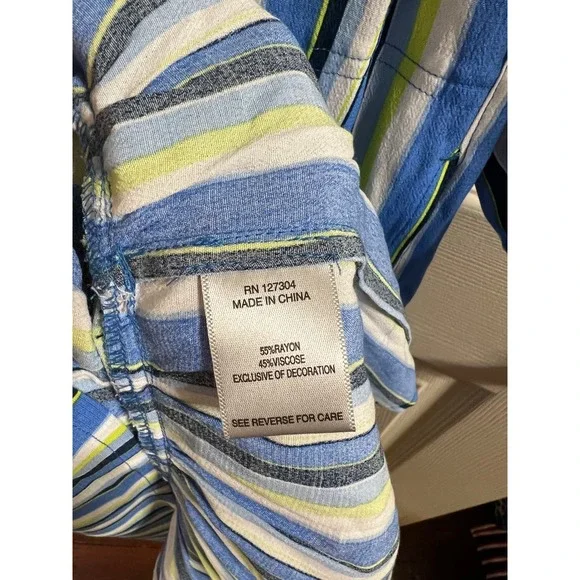 JOHN MARK Striped V Neck Tiered Midi Dress Blue Yellow Embellished Size L - Picture 12 of 13